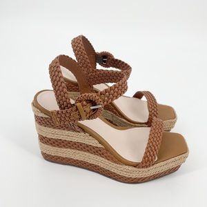 Schutz Nani Braided Leather Raffia Wedge Sandals